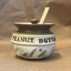 Handmade Ceramic Peanut Butter Jar with Lid and Spoon